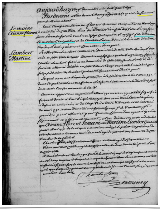 Mariage Etienne Florent Lemoine et Martine Lambert